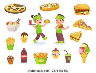 Fast food workers. Little bistro waiters serve meal. Corporate identity. Girl and boy in restaurant uniform. Cafe staff. French fries and burger. Cashier with tray