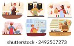 Fast Food Workers Serving Customers In Different Settings. Characters Preparing And Serving Tacos, Burgers, Drinks And Pizzas, Highlighting Diversity Of Fast Food Services. Cartoon Vector Illustration