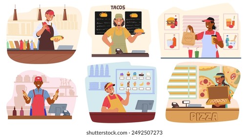 Fast Food Workers Serving Customers In Different Settings. Characters Preparing And Serving Tacos, Burgers, Drinks And Pizzas, Highlighting Diversity Of Fast Food Services. Cartoon Vector Illustration