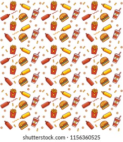 Fast food, wrapping paper. Burger illustration texture.