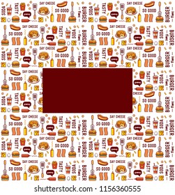 Fast food, wrapping paper. Burger illustration texture.