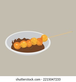 The fast food of the yellow curry mix fishball. Traditional Hong Kong street snacks. Cartoon of Hong Kong street food, spicy fishball.