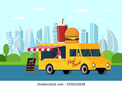 Fast food yellow truck in modern city park. Burger and beverage on van roof. Hamburger with soda car delivery service or festival on street cuisine wheels vector illustration