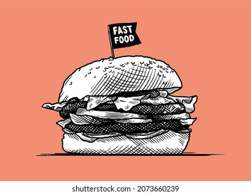 fast foodbig burger, hamburger hand drawing vector drawing sketch retro engraving style