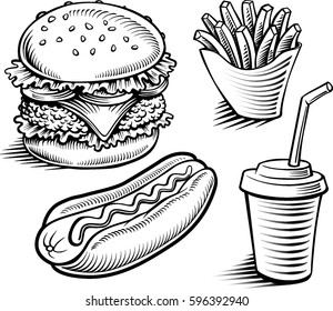 fast food-hamburger, fries, hotdog, drink hand drawing