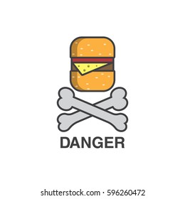 fast food,harm,cutlet, bone, health, carefully, attention, hamburger, vector image,healthy food, flat design,outline style
