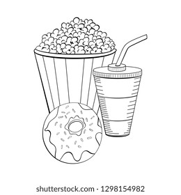 Fast foods background - donut, soda,popcorn. Sketch style.