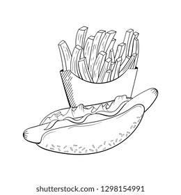 Fast foods background - french fries and hot dog. Sketch style.