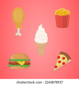 fast foods burger, pizza, ice cream, french fries, fried chicken illustration collection