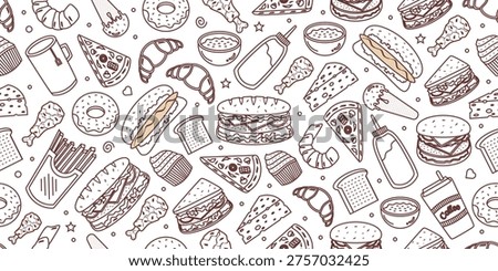 Fast foods doodle pattern. Seamless fast foods pattern in doodle style. Seamless pattern of fast foods doodle with coffee drink.