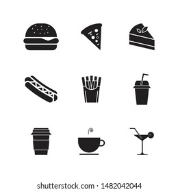 fast foods and drinks icon set. hamburger, pizza, cake, hot dog, french fries, cold drink, hot drink, a cup of tea and wine glass black and isolated icon set vector illustration