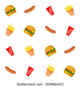 Fast foods hamburger hotdogs soda fries chips vector pattern seamless for background or texture wallpaper 