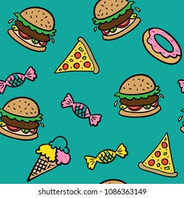 Fast foods like burger pizza donut and candy drawings seamless repeating pattern texture / Vector illustration design for fashion fabrics, textile graphics, prints, wallpapers and other uses.