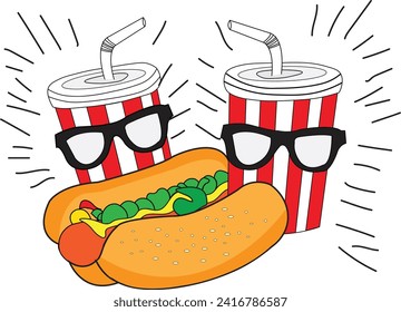 Fast foods lover, sub and hot dog with soft drinks.