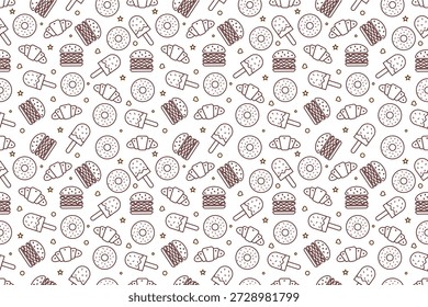 Fundo de padrão de alimentos rápidos. Design de padrão de fast food sem costura. Conjunto de coleção de ícones do fast food. Fazer doodle da coleção de ícones de fast food. Fazer doodle de fundo de junk foods.