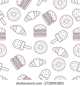 Fundo de padrão de alimentos rápidos. Design de padrão de fast food sem costura. Conjunto de coleção de ícones do fast food. Fazer doodle da coleção de ícones de fast food. Fazer doodle de fundo de junk foods.