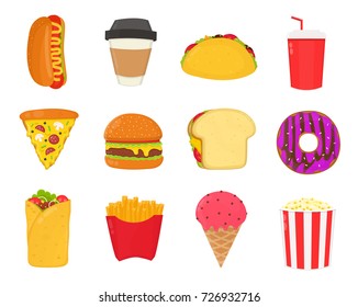 Fast food,snacks set. French fries, hot dog, ice cream, drink, sandwich, pizza, burger, coffee,taco,soda,donut,popcorn. Vector flat cartoon illustration icon design. Isolated on white background