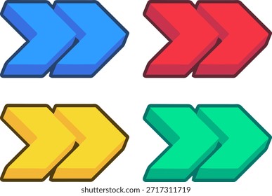 Conjunto de iconos de flecha de avance rápido, coloridos símbolos de flecha doble para siguiente y saltar, Ilustración vectorial plana