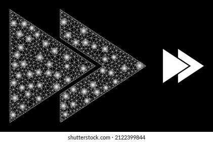 Fast forward icon and bright net mesh fast forward structure with bright light spots. Illuminated model is created from fast forward vector icon and triangulated mesh. Illuminated frame fast forward,