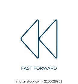 Schnellvorwärtssymbol. Dünne lineare, schnelle, nach vorn gerichtete Umrisssymbol einzeln auf weißem Hintergrund. Kurz vorgezogenes Zeilensymbol, Symbol für Web und Mobilfunk