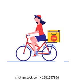 Fast and free delivery by cycle. Courier on bike with parcel box on the back isolated on white background. Delivery work vector illustration in flat design.
