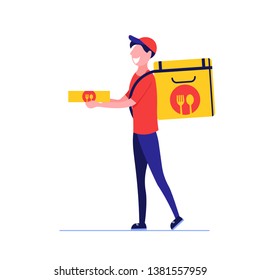 Fast and free delivery by cycle. Courier on bike with parcel box on the back isolated on white background. Delivery work vector illustration in flat design.