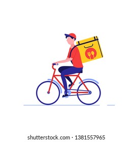 Fast And Free Delivery By Cycle. Courier On Bike With Parcel Box On The Back Isolated On White Background. Delivery Work Vector Illustration In Flat Design.