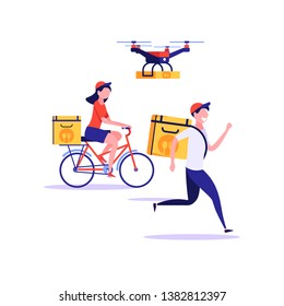 Fast and free delivery by cycle and drone. Courier on bike with parcel box on the back isolated on white background. Delivery work vector illustration in flat design.