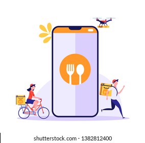 Fast and free delivery by cycle and drone. Courier on bike with parcel box on the back isolated on white background. Delivery work vector illustration in flat design.