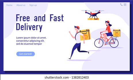 Fast and free delivery by cycle and drone. Courier on bike with parcel box on the back isolated on white background. Delivery work vector illustration in flat design.