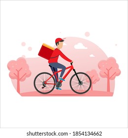 Fast and free delivery by cycle. Courier on bike with parcel box on the back isolated on white background. Delivery work vector illustration in flat design.
