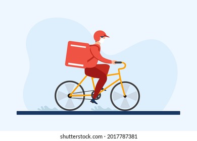 Entrega rápida y gratuita en bicicleta. Adulador en bicicleta con caja de paquetes en la parte posterior aislado en fondo blanco. Ilustración vectorial de trabajo de entrega en diseño plano