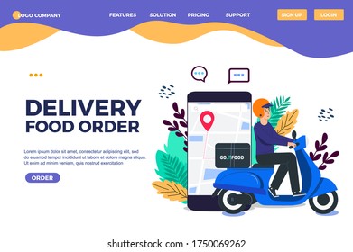 Fast and Free Delivery by Man Ride Scooter concept. Food service. Website Banner, vector illustration, presentation template