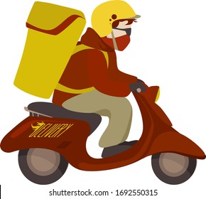 Fast and free delivery by scooter. Delivery Man Ride Scooter Motorcycle Cartoon Vector illustration
