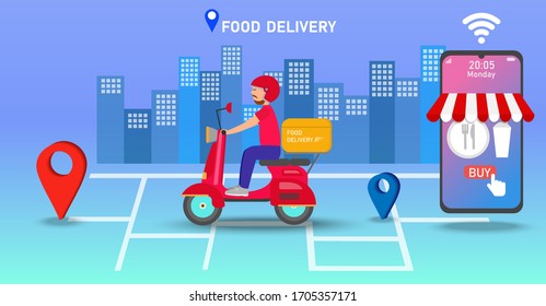 Fast and free delivery by scooter on mobile. Food delivery app on a smartphone tracking a delivery man on a moped with a ready meal. City skyline in the background. Vector, illustration.