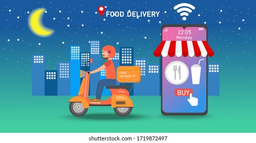 Fast and free delivery by scooter on mobile. Food delivery app on a smartphone tracking a delivery man on a moped with a ready meal. City skyline in the background. Vector, illustration.