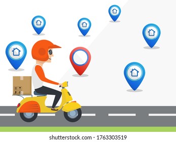 Fast and free delivery by scooter. Vector cartoon illustration. Food service.
