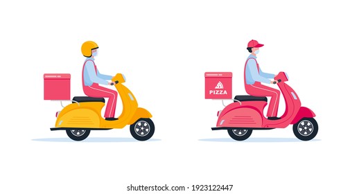 Fast and free delivery by scooter. Delivery man on a moped with a ready meal. 