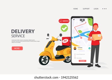 Fast and free delivery by scooter. Perfect for landing page, Delivery man and smartphone tracking website, banner, background, application, poster, on mobile