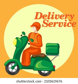 Fast and free delivery by scooter. Vector cartoon illustration. Food service.Courier on a moped. delivery service 
