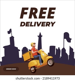 Fast and free delivery by scooter. Vector cartoon illustration. Food service. Social media post design.