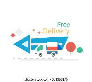 Fast free delivery concept icon flat design. Service business transportation, cargo and free courier, transport and distribution, logistic mail, receive envelope, send and time. Free delivery icons