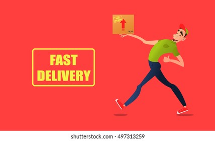 Fast free delivery. Courier runs with box on the order.Cheerful man courier.Colorful characters in a flat style