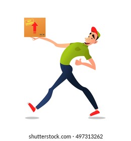 Fast free delivery. Courier runs with box on the order.Cheerful man courier.Colorful characters in a flat style