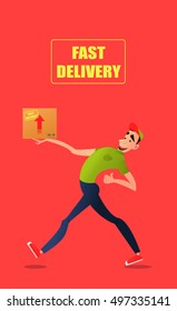 Fast free delivery. Courier runs with box on the order.Cheerful man courier.Colorful characters in a flat style