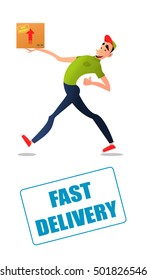 Fast free delivery. Courier runs with box on the order.Cheerful man courier.Colorful characters in a flat style.
