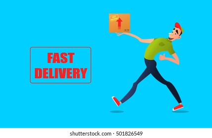 Fast free delivery. Courier runs with box on the order.Cheerful man courier.Colorful characters in a flat style.
