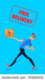 Fast free delivery. Courier runs with box on the order.Cheerful man courier.Colorful characters in a flat style.
