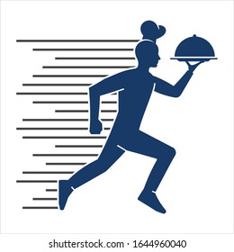 Fast and free delivery food. Vector cartoon illustration. Man. Icon, logo, design elements
