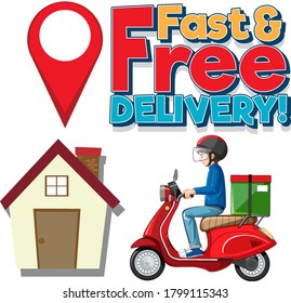Fast and free delivery logo with bike man or courier illustration